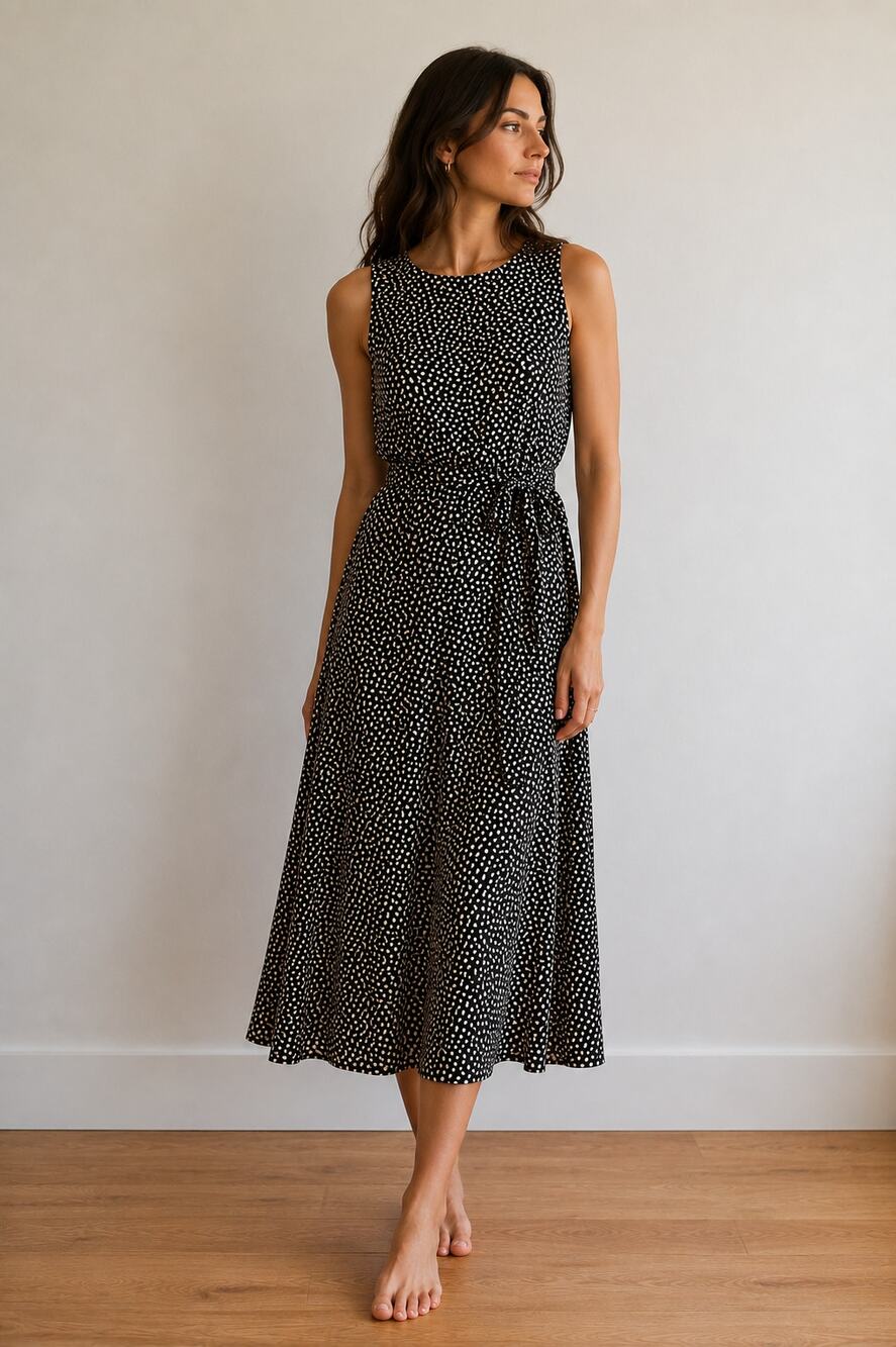Sara Campbell Polka Dot Midi Dress Black & Ivory Sleeveless Career Office-M